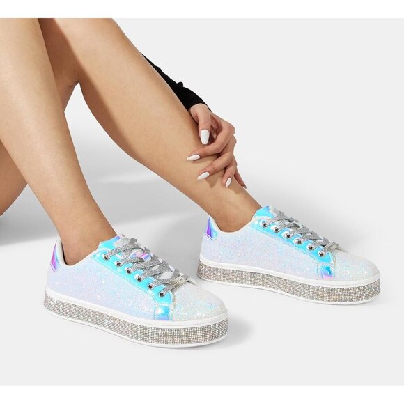 LUCKY STEP Womens White Glitter Sneakers Sparkly Bedazzled Wedding Bridal Shoes - Picture 7 of 9